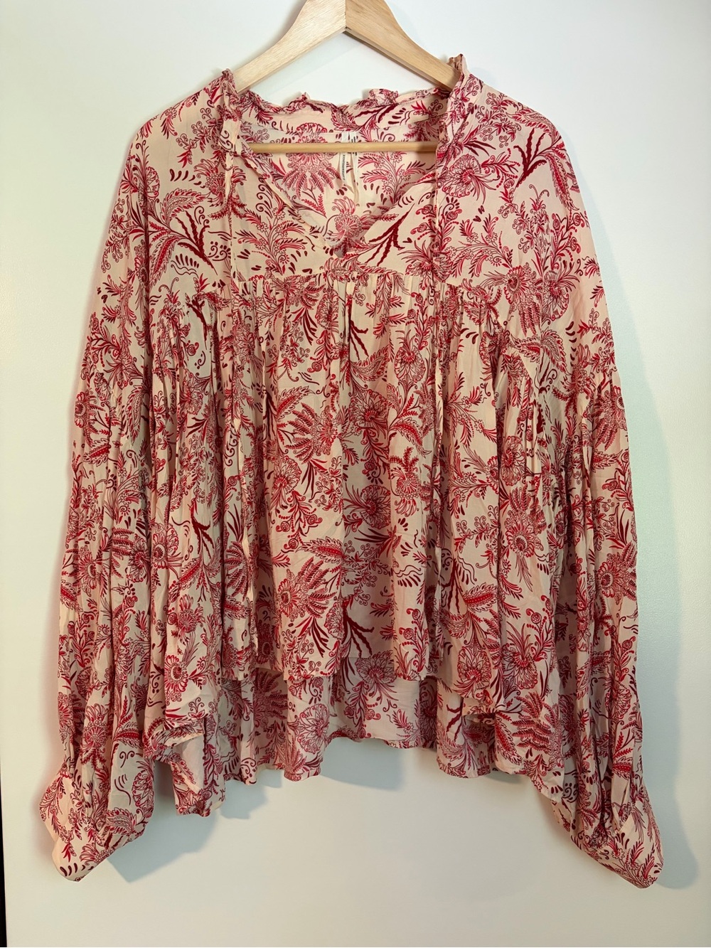 Anthropologie Floral Paisley Peasant Blouse Cream & Red Size XL 100% Viscose
